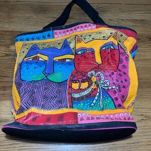Laurel Burch Cat Canvas Tote Bag | Whimsical Print | Medium Size Carryall